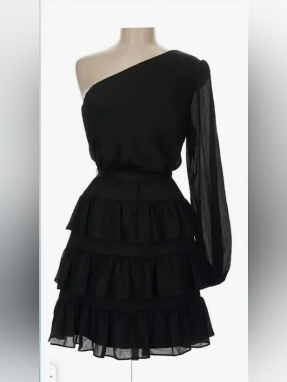 BCBGMAXAZRIA Black One-Shoulder Long Sleeve Tiered Ruffle Mini Dress - Size 6